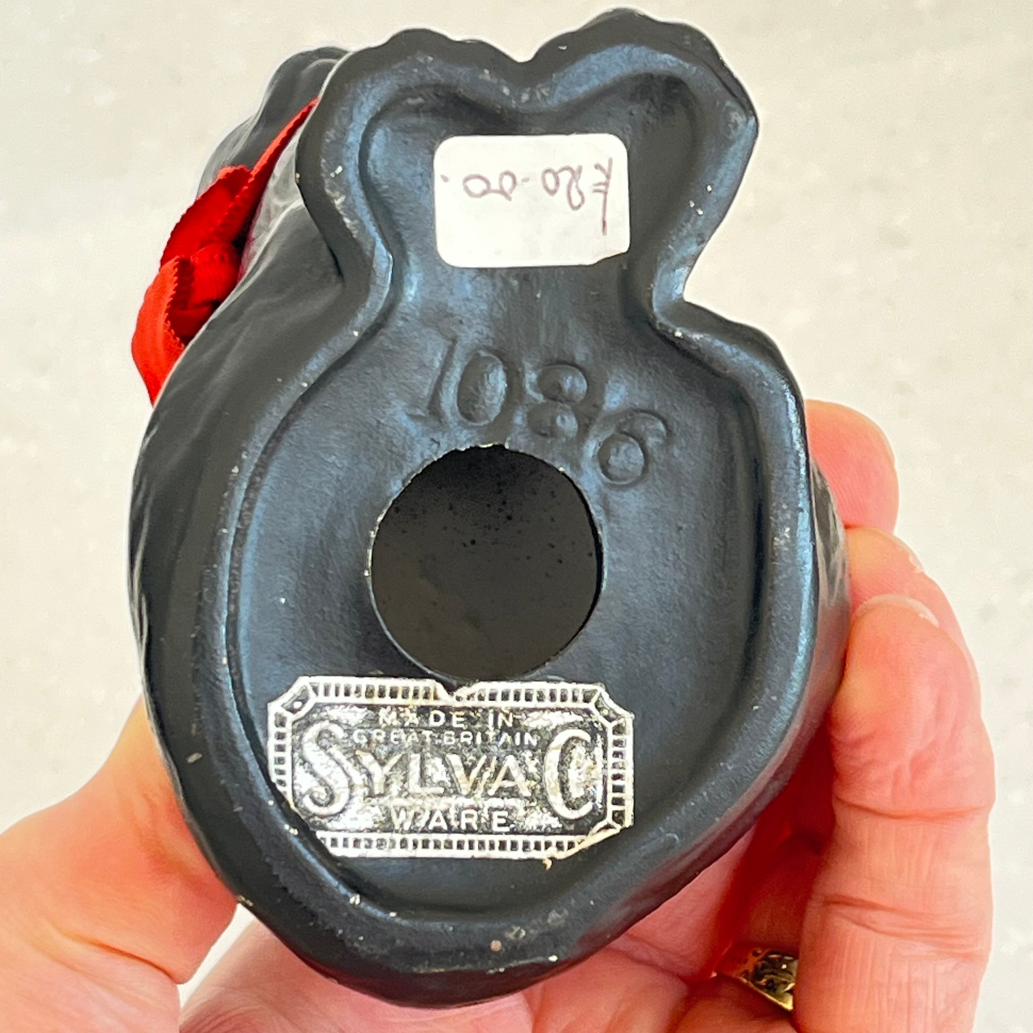 Vintage Sylvac Matt Black Cat with Red Ribbon Model 1086