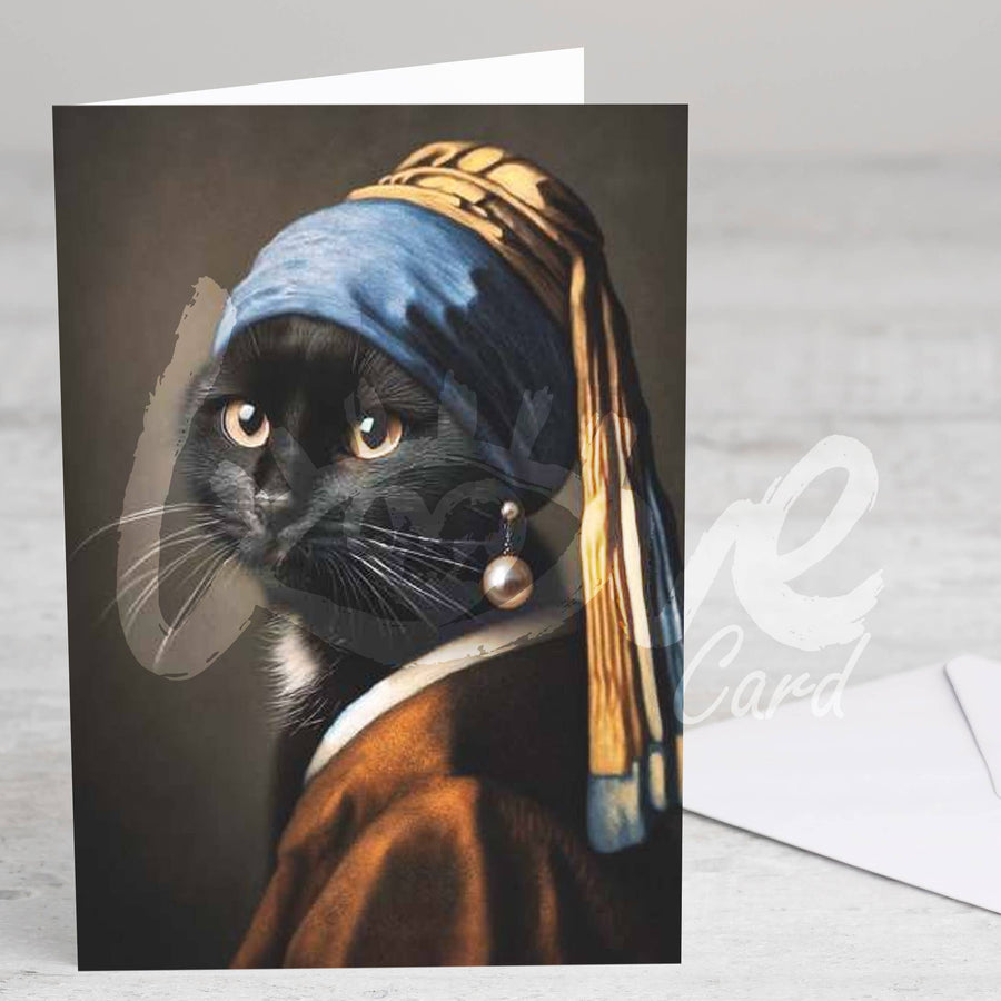Cat with Pearl Earring Greetings Card, Black
