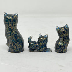 Set of 3 Vintage Chinese Cloisonné Cat Figurines - Cobalt Blue & Gold Enamel