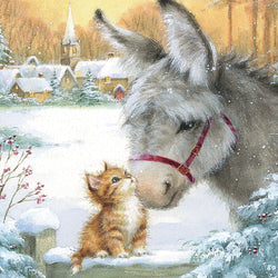 Donkey and kitten in a snowy village scene