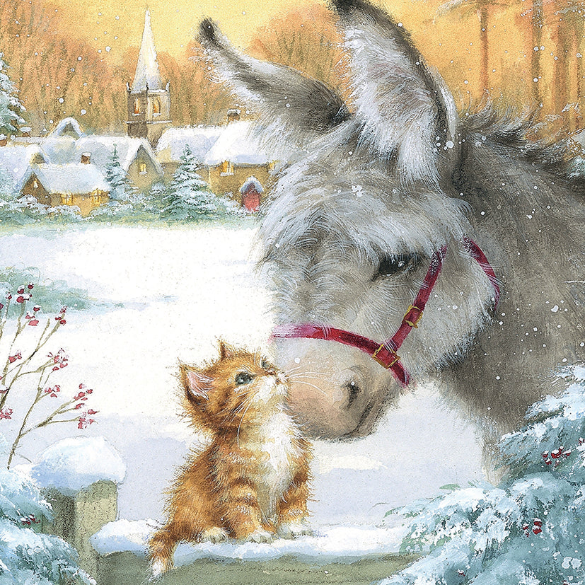 Donkey and kitten in a snowy village scene