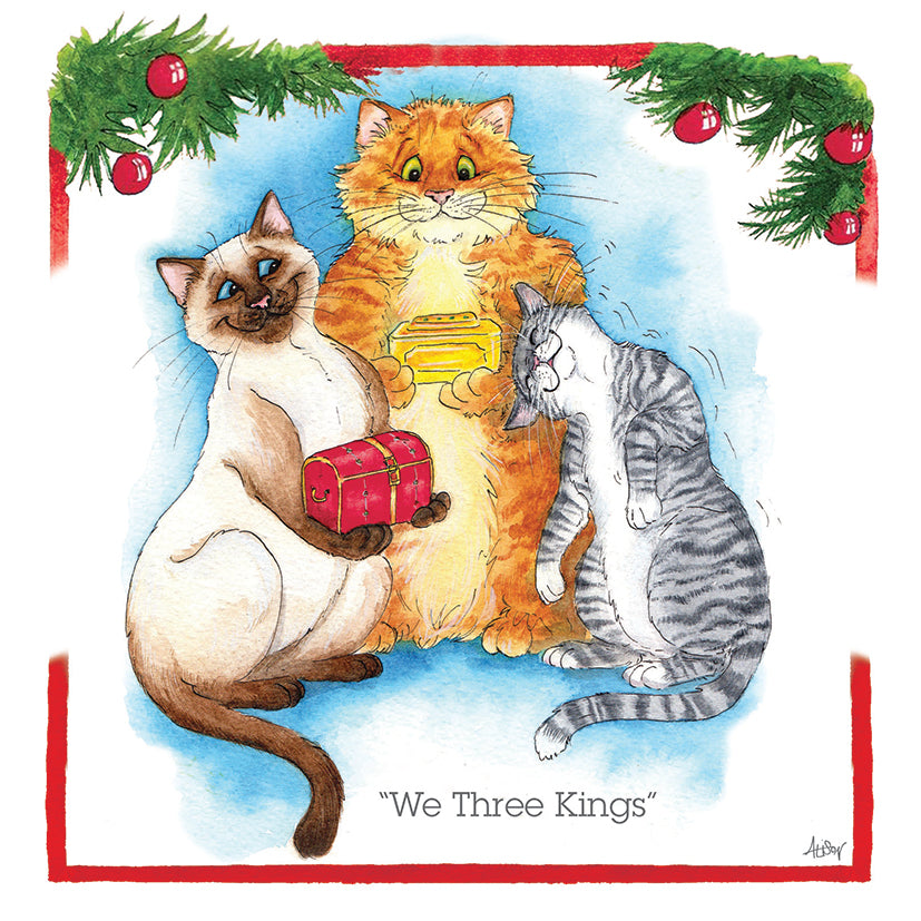 Three cats with a gift and Christmas decorations on a white background