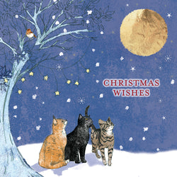 Three cats under a tree with a full moon and 'Christmas Wishes' text on a blue background.