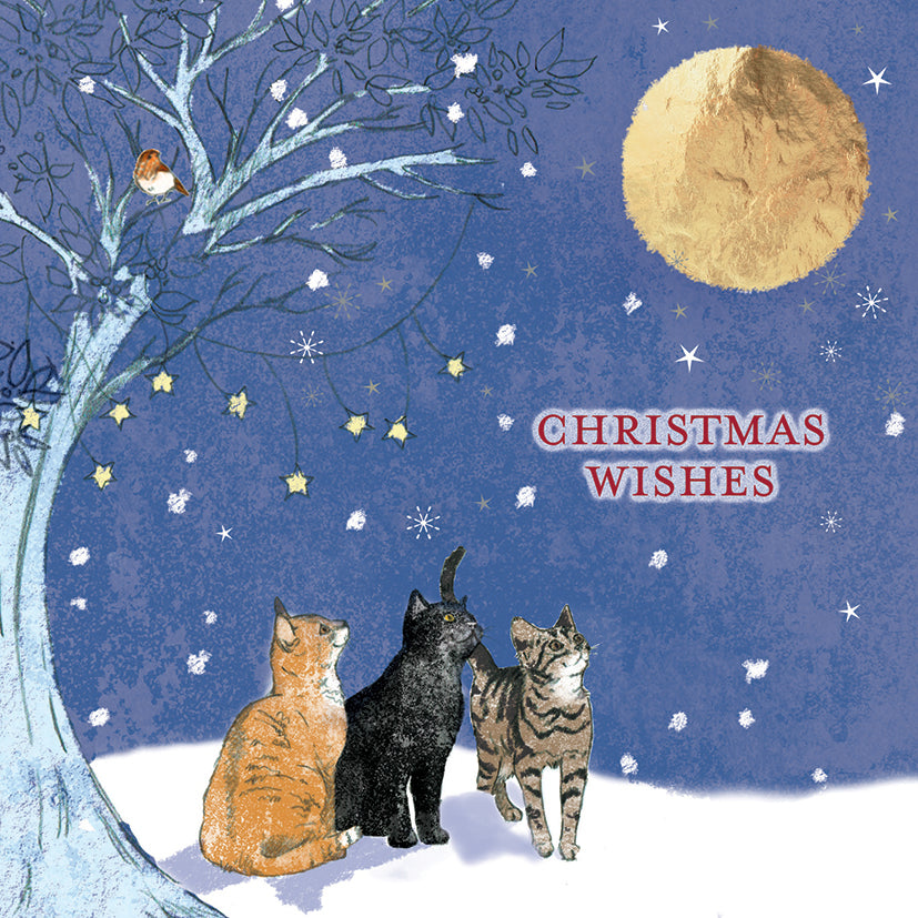 Three cats under a tree with a full moon and 'Christmas Wishes' text on a blue background.