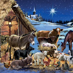 Nativity scene with animals and a star in the sky