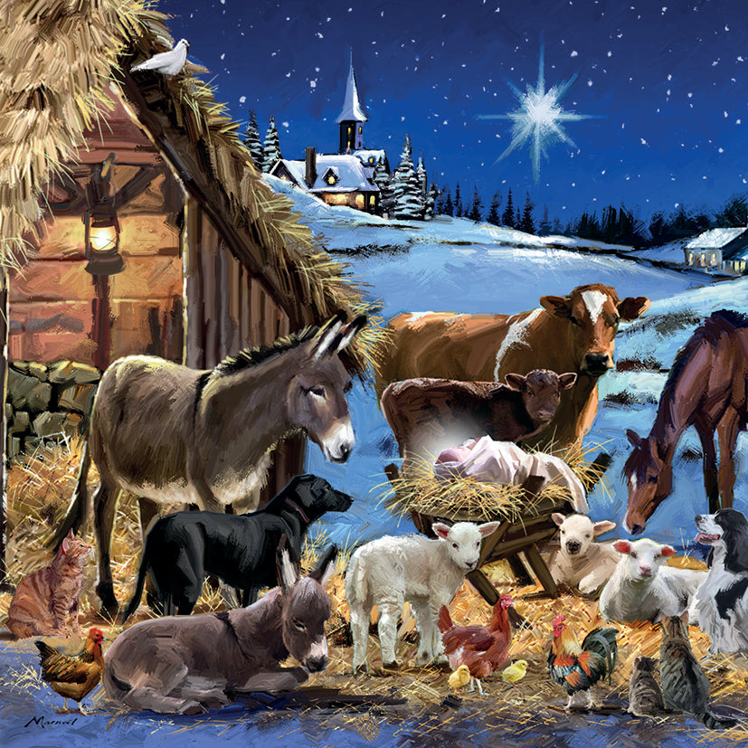 Nativity scene with animals and a star in the sky