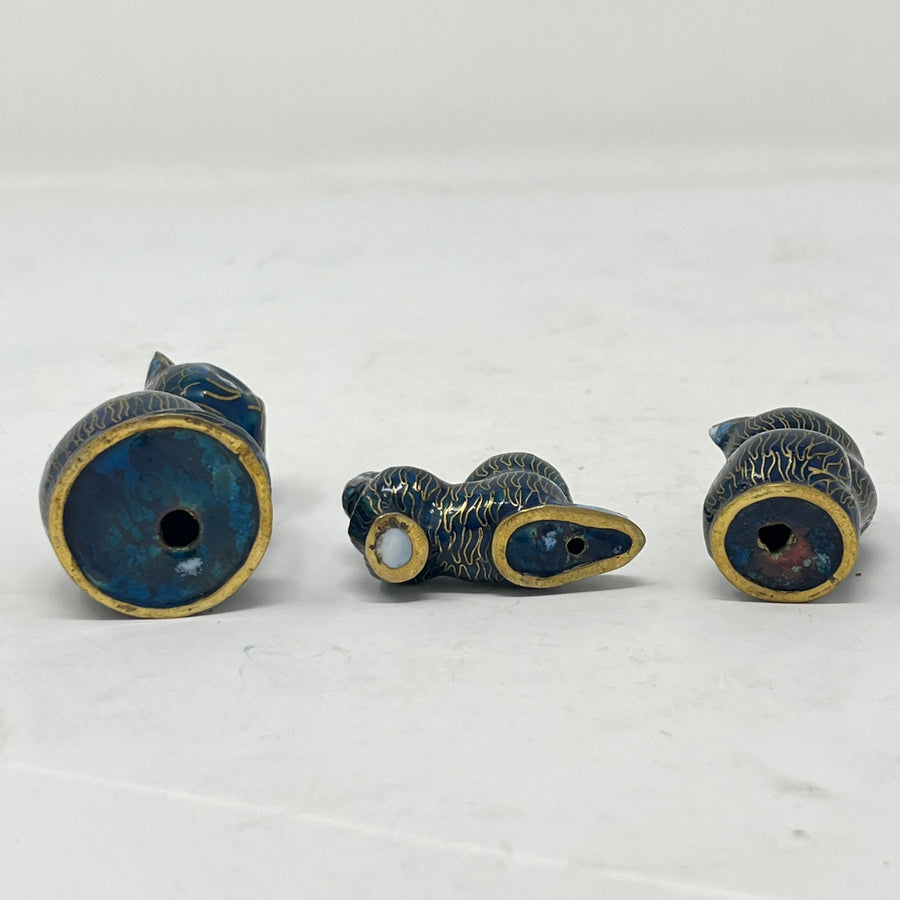 Set of 3 Vintage Chinese Cloisonné Cat Figurines - Cobalt Blue & Gold Enamel