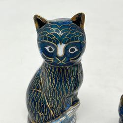 Set of 3 Vintage Chinese Cloisonné Cat Figurines - Cobalt Blue & Gold Enamel