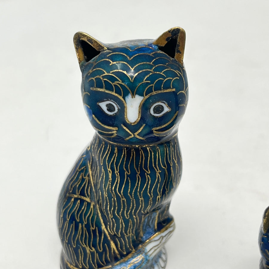 Set of 3 Vintage Chinese Cloisonné Cat Figurines - Cobalt Blue & Gold Enamel