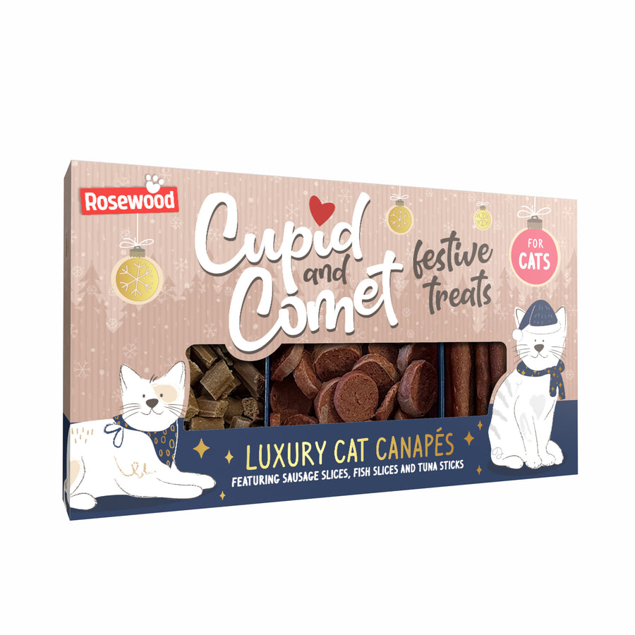 Cupid and comet festive treats for cats. Box of luxury cat canapes
