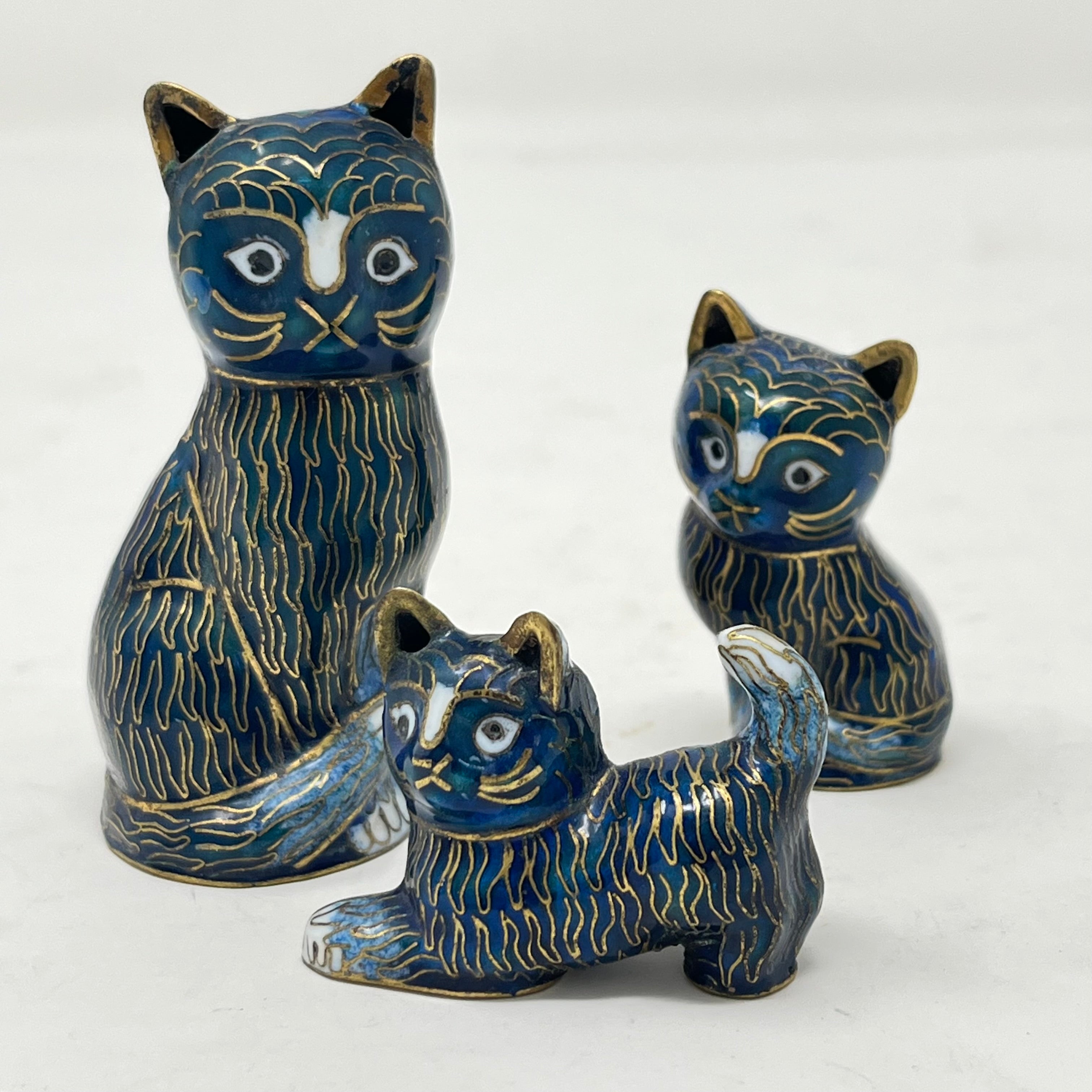 Set of 3 Vintage Chinese Cloisonné Cat Figurines - Cobalt Blue & Gold Enamel