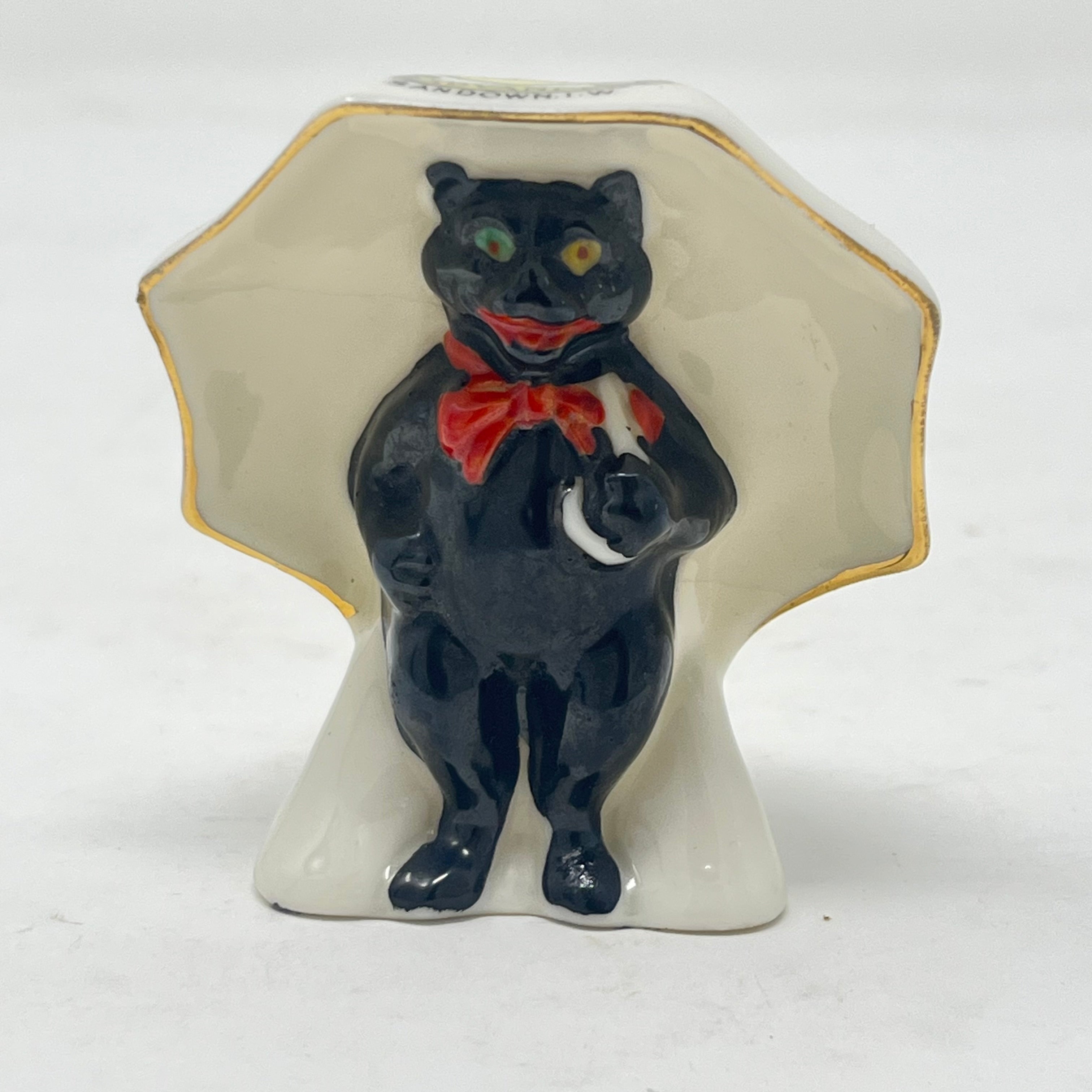 Vintage Arcadian Crested China Black Cat Under Umbrella - Sandown Crest - Reg 709616