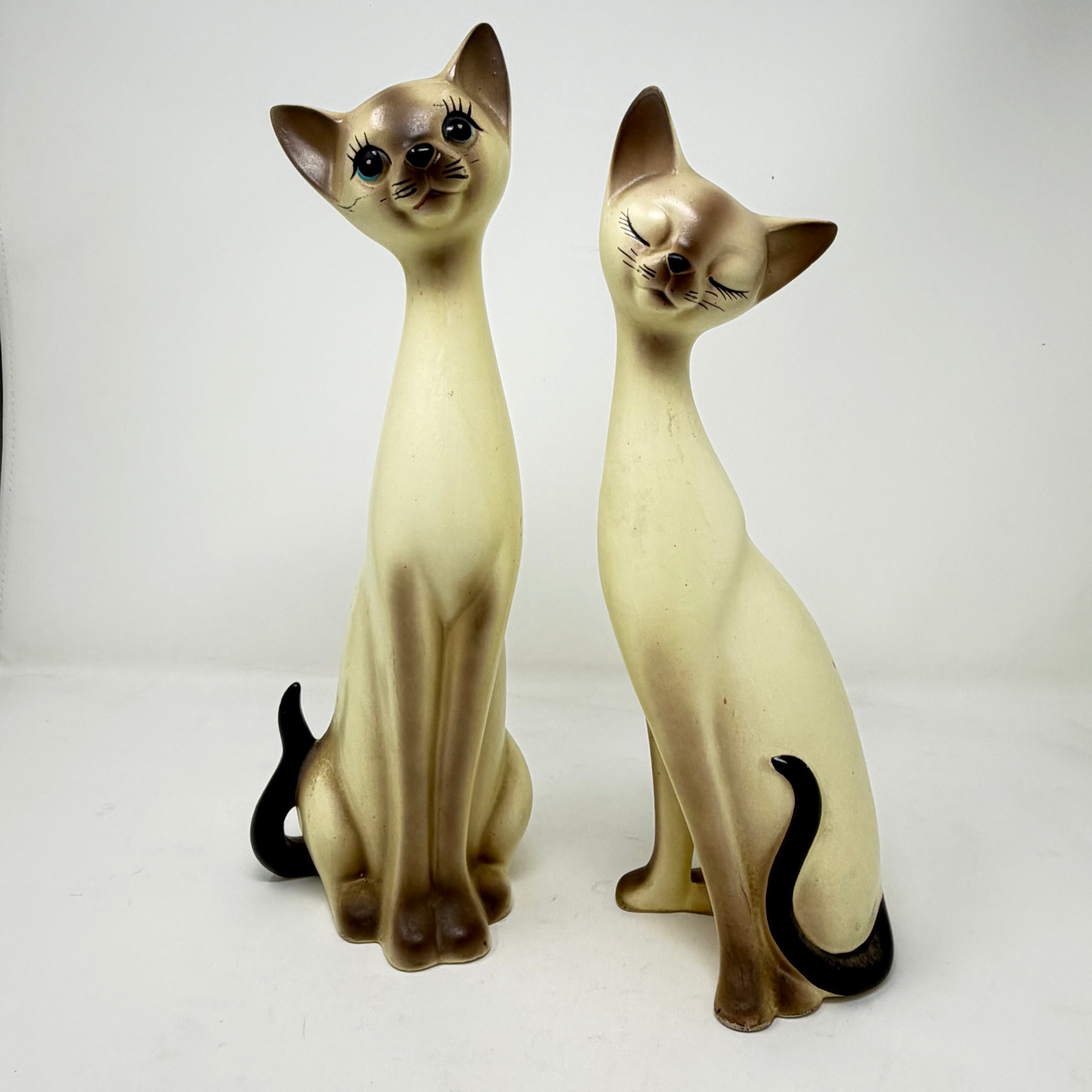 Vintage Pair of Long Necked Siamese Cats 34cm Tall