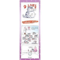 Humorous slimline cat calendar for 2027 called Nine Lives with cat cartoons