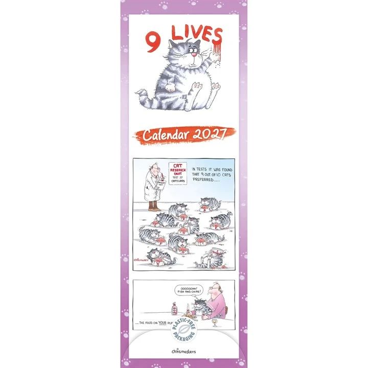 Humorous slimline cat calendar for 2027 called Nine Lives with cat cartoons