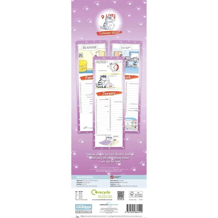 Nine lives calendar with a purple cover featuring cat illustrations on a white background