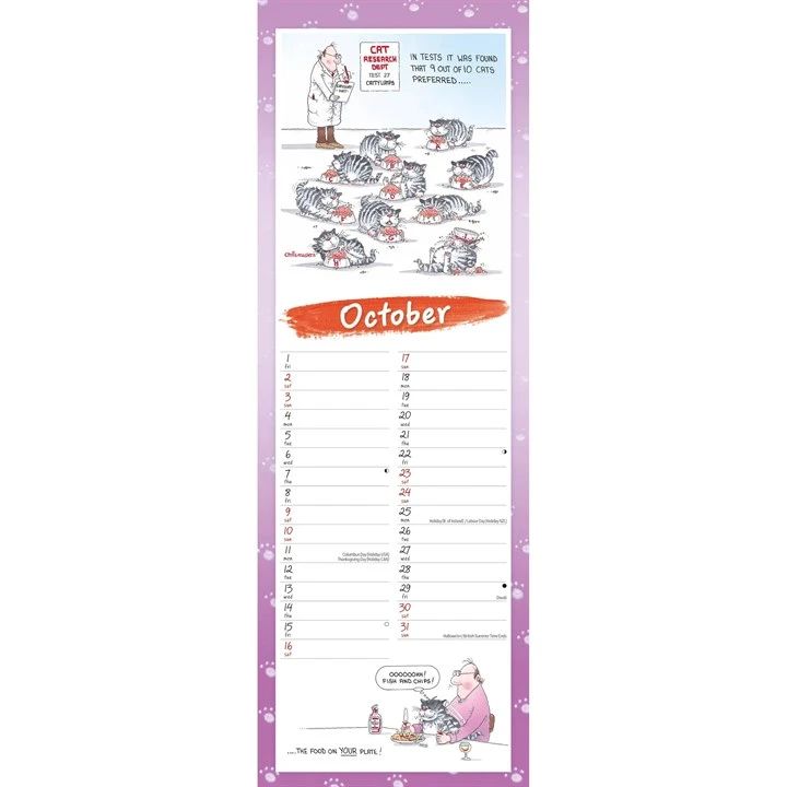 October 2027 page of Nine Lives Slimline calendar  with cartoon illustrations on a white background