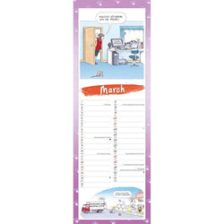 Vertical calendar page for March 2027 with cat cartoon illustrations on a purple border