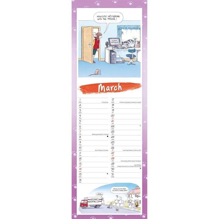 Vertical calendar page for March 2027 with cat cartoon illustrations on a purple border