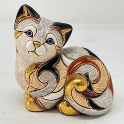 De Rosa Rinconada Hand-Sculpted Ceramic Sitting Cat Figurine – Gold & Platinum Accents