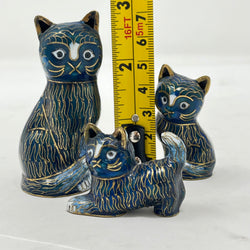 Set of 3 Vintage Chinese Cloisonné Cat Figurines - Cobalt Blue & Gold Enamel