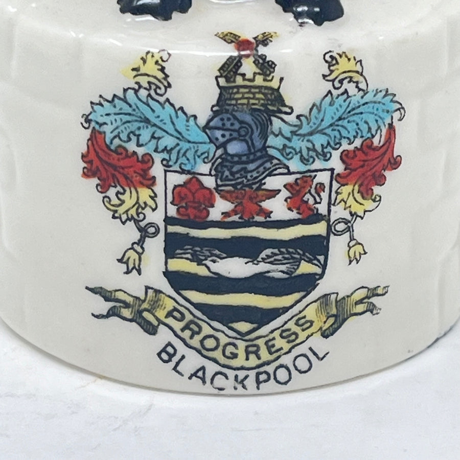 Vintage Arcadian Crested China Lucky Black Cat in Wishing Well - Blackpool Crest - Reg No 709613
