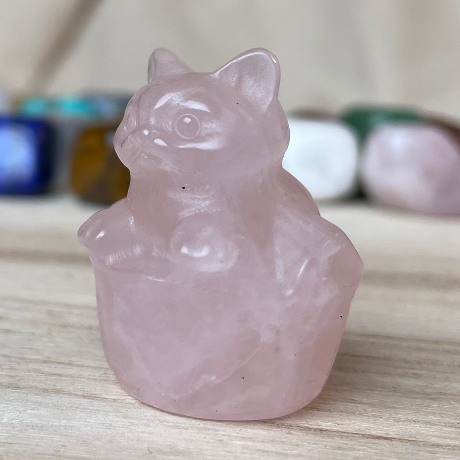 Rose Quartz Cat in Basket Gemstone Birthstone
