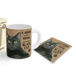 Ceramic mug, coaster featuring a black cat illustration and the phrase 'A HOUSE WITHOUT A BLACK CAT'.