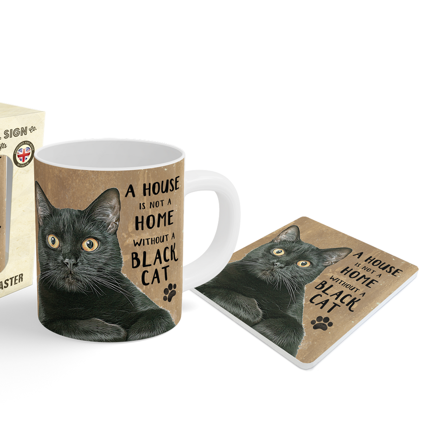 Ceramic mug, coaster featuring a black cat illustration and the phrase 'A HOUSE WITHOUT A BLACK CAT'.