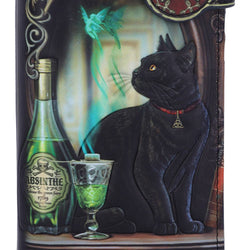 Decorative panel with a black cat, absinthe bottle, and glass against a mystical background.