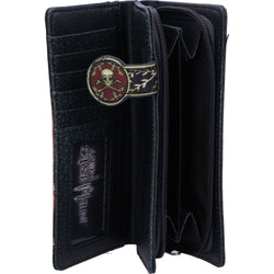 A black leather wallet shown open, featuring a skull and crossbones emblem with a red centre and gold branch details on the inside cover, alongside card slots and zip compartments.