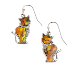 A pair of earrings in the shape of cats with silver plated earwires and paua shell inlays.