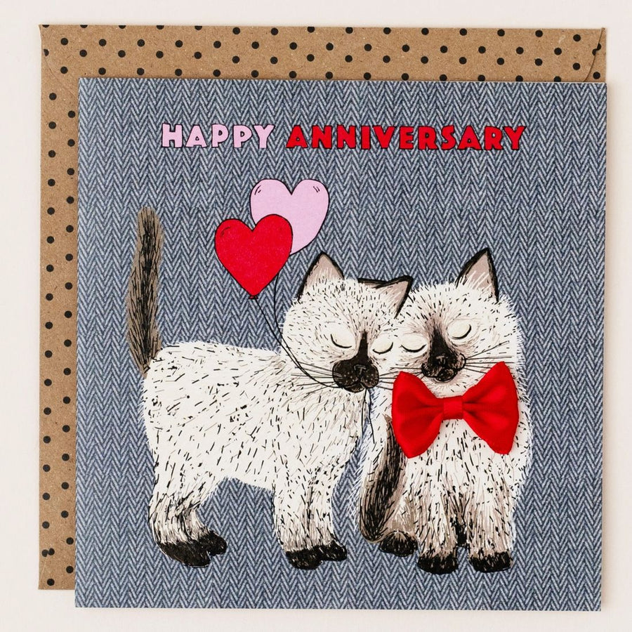 Anniversary Cats Red Ribbon Birthday Card