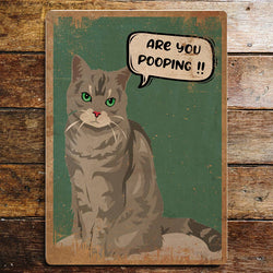 A rectangular vintage-style sign featuring an illustrated grey cat with green eyes and a speech bubble that reads “ARE YOU POOPING !!” 