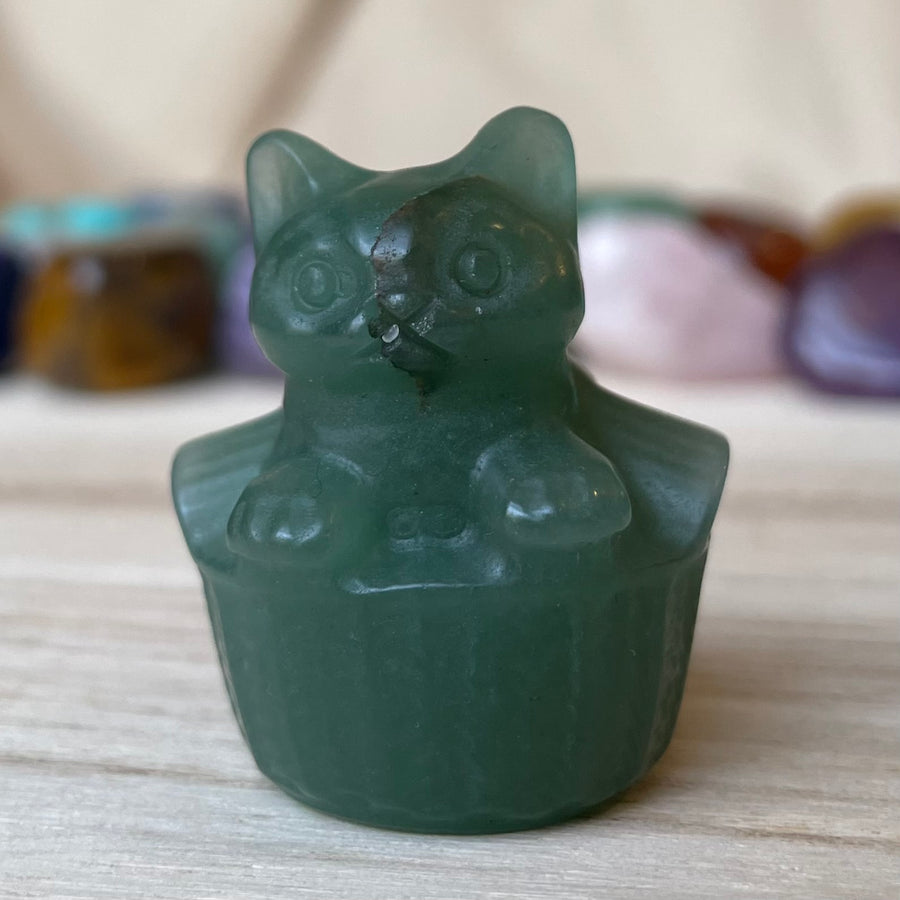 Green Aventurine Cat in Basket Gemstone May Birthstone
