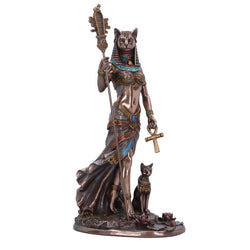 Statue of a Egyptian goddess with a cat on a white background