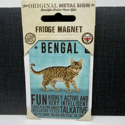 A packaged Bengal fridge magnet by The Original Metal Sign Co., featuring a vintage-style illustration of a Bengal cat on a light blue background with black text.