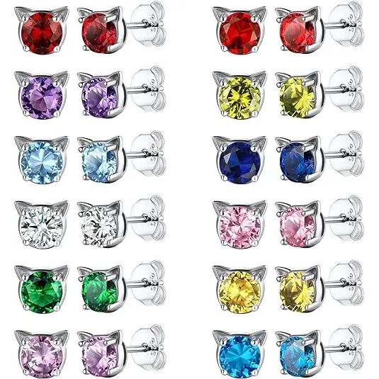 Cat Face Birthstone Earrings