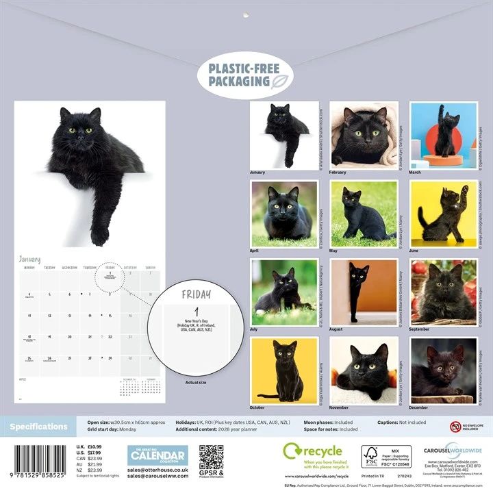 2027 Black cat Calendar with black cat images on a grey background