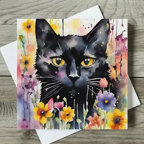 Black Cat Watercolour Card