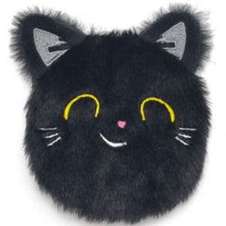 Black plush cat handwarmer with smiling face on a white background