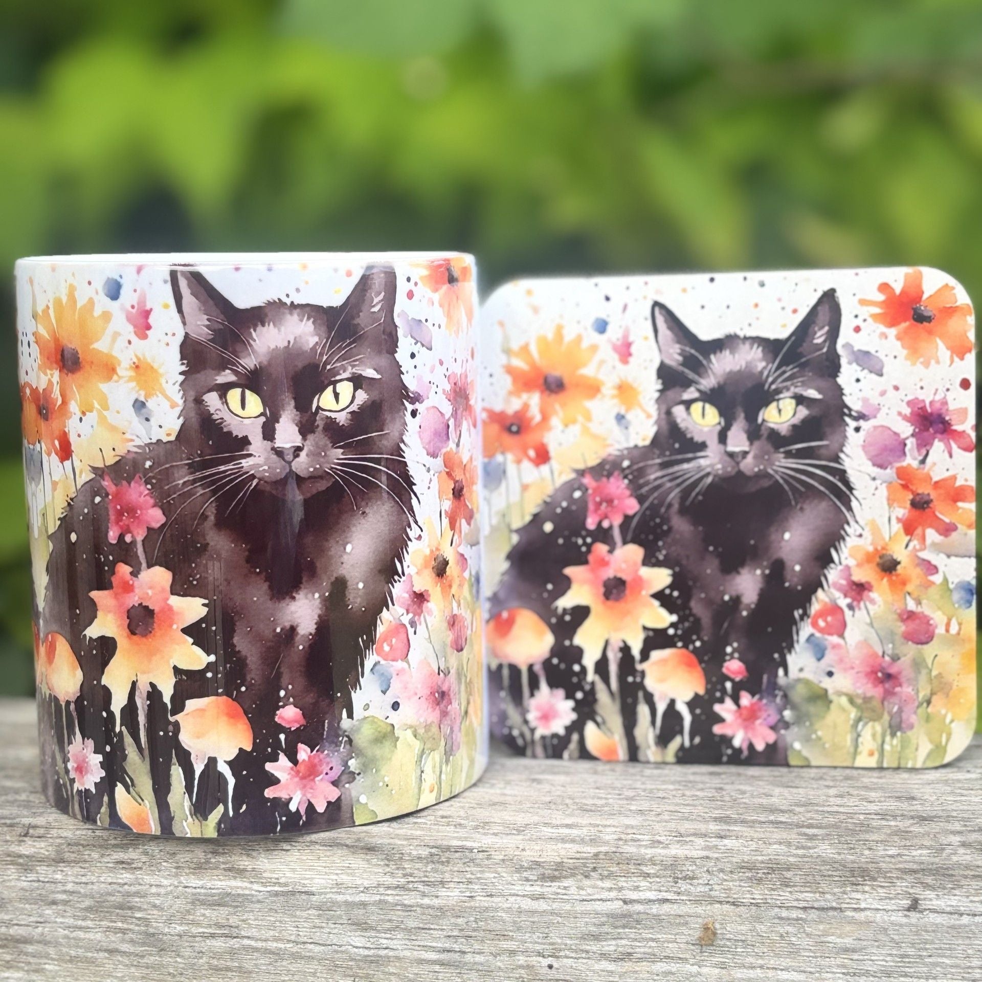 Watercolour Style Black Cat Mug & Coaster Set