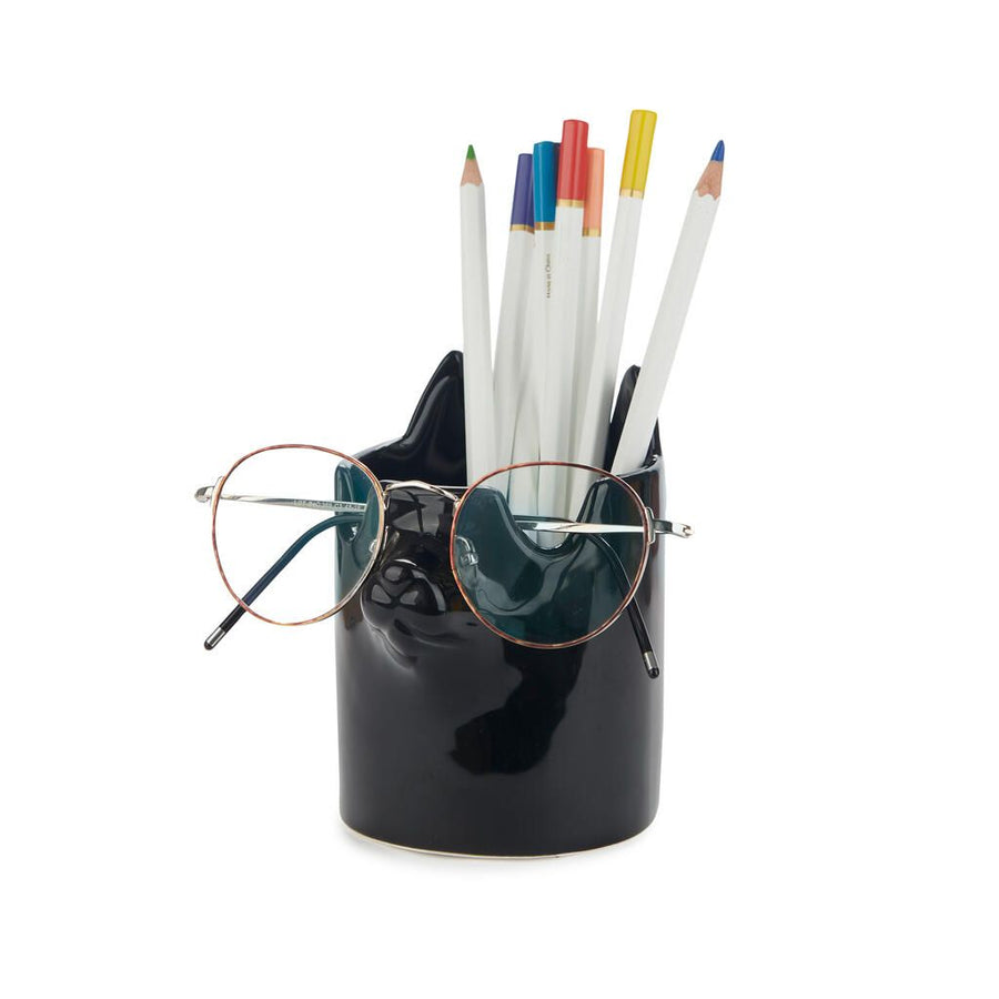 Black Ceramic Cat Pen and Glasses Holder