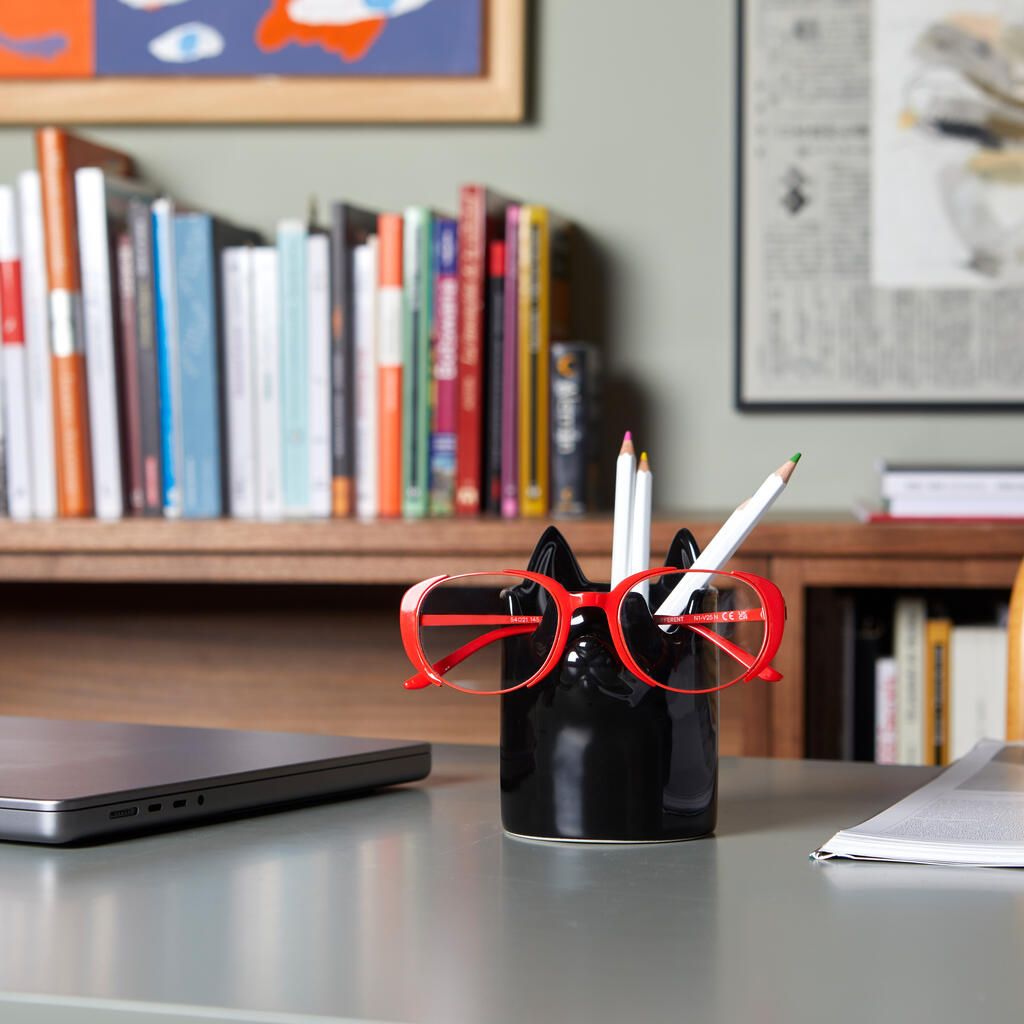 Black Ceramic Cat Pen and Glasses Holder