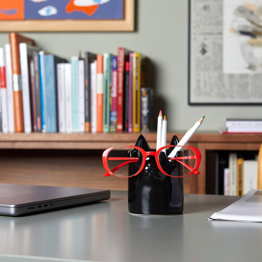 Black Ceramic Cat Pen and Glasses Holder