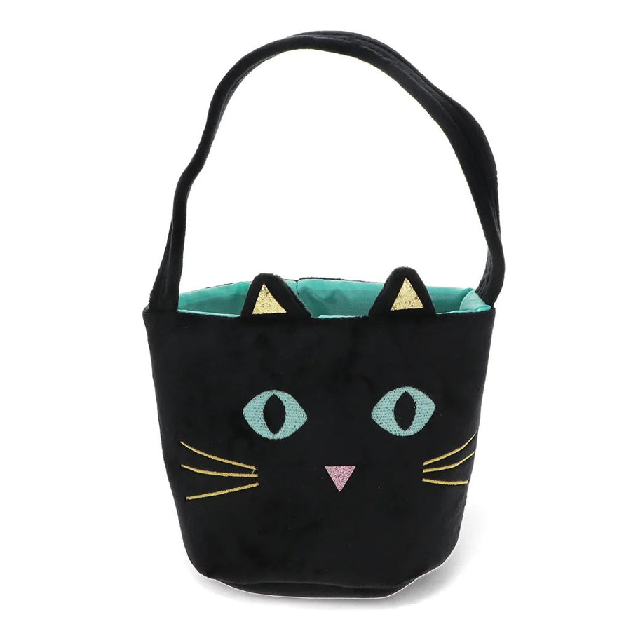 A black cat-shaped handbag with embroidered eyes, whiskers, nose, and pointed ears, featuring a turquoise interior lining and a black shoulder strap