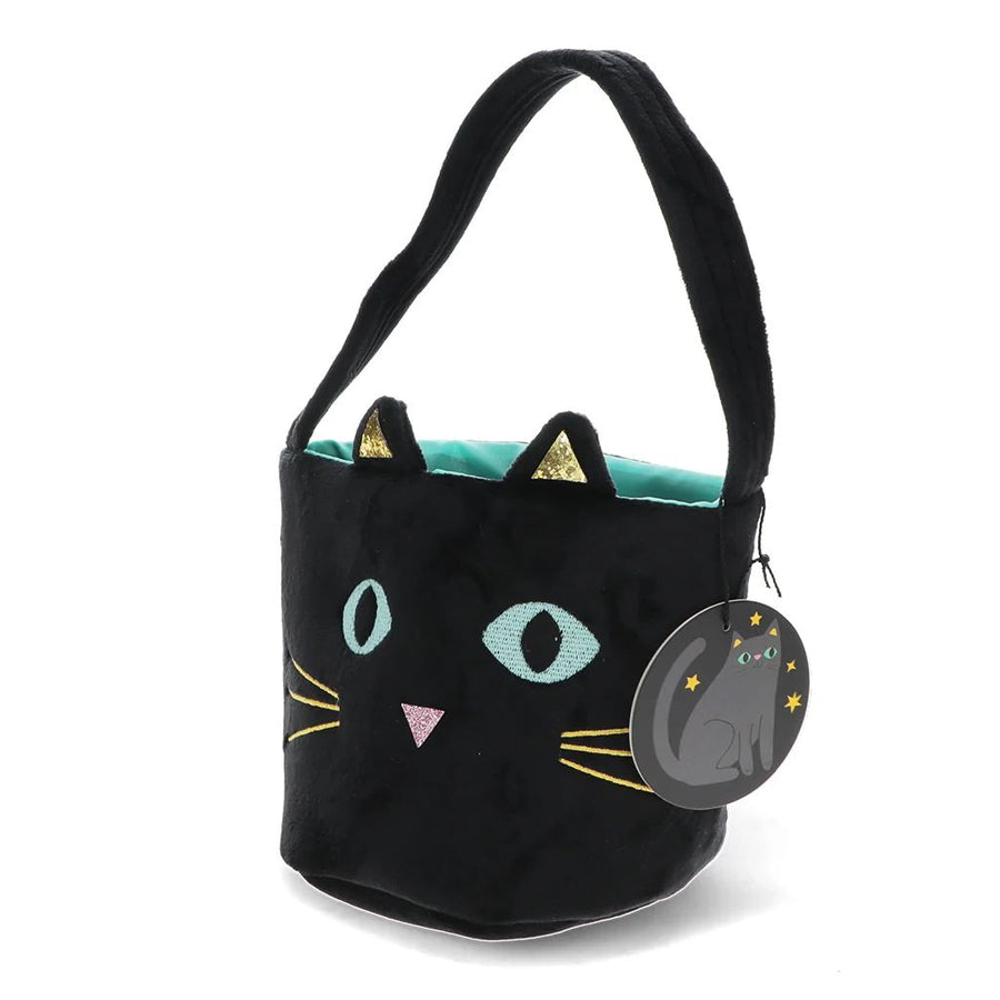 A black plush cat-shaped shoulder bag with embroidered cat face details, gold glittery ears, a turquoise interior lining, and a round hanging tag