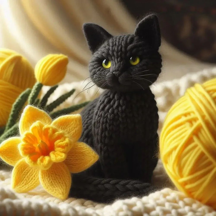 Knitted Black Cat Spring Card