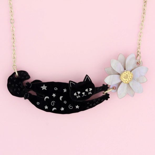 Black Cat and Daisy Acrylic Necklace