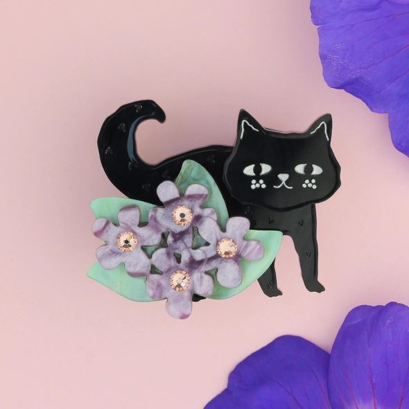 Black Cat & Flowers Acrylic Brooch